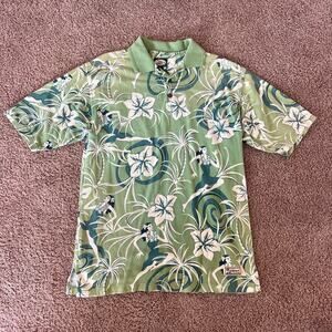 Vintage Tommy Bahama Polo Shirt Size S, 100% Cotton Green Floral Hula Girl Print